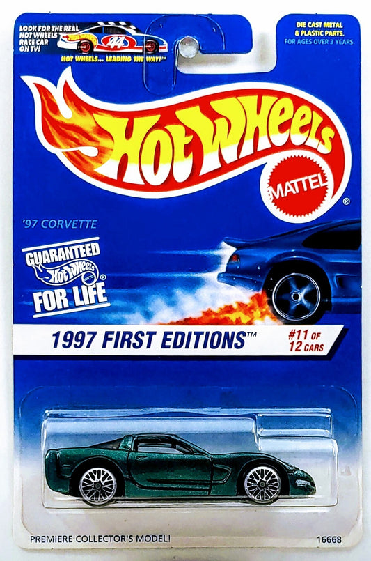 Hot Wheels 1997 - Collector # 515 - First Editions 11/12 - '97 Corvette - Metallic Dark Green - Tinted Windows - WSP Wheels - USA