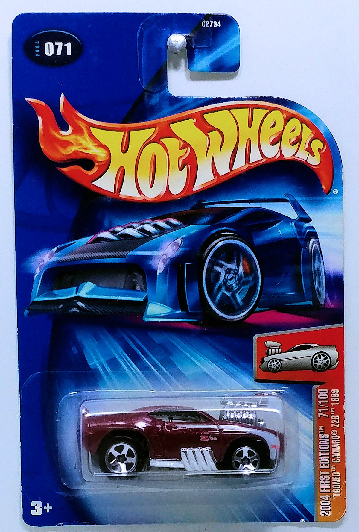 Hot Wheels 2004 - Collector # 071/212 - First Editions 71/100 - 'Tooned Camaro Z28 1969 - Maroon - White Stripes on Sides - NO Hood Stripes - No Side Vents