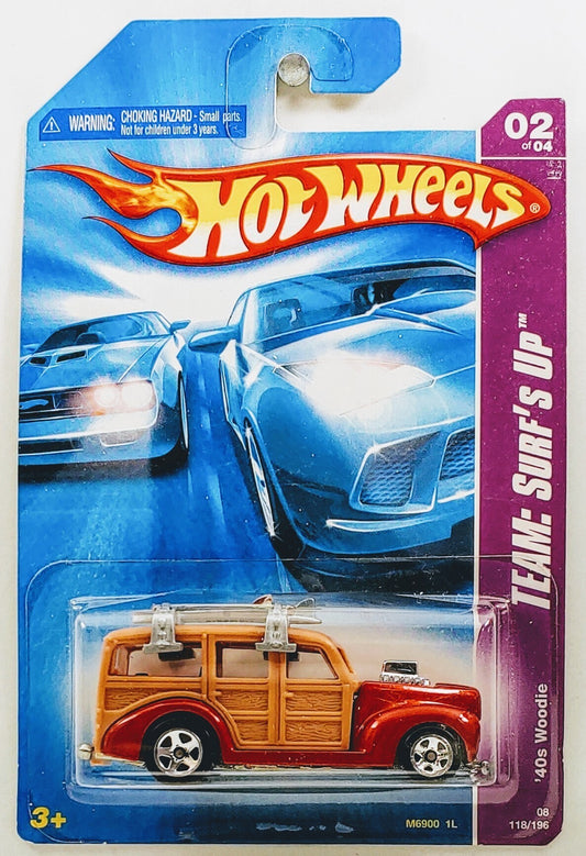 Hot Wheels 2008 - Collector # 118/196 - TEAM: Surf's Up 2/4 - '40s Woodie - Metallic Orange - Surf Boards & Rack - USA