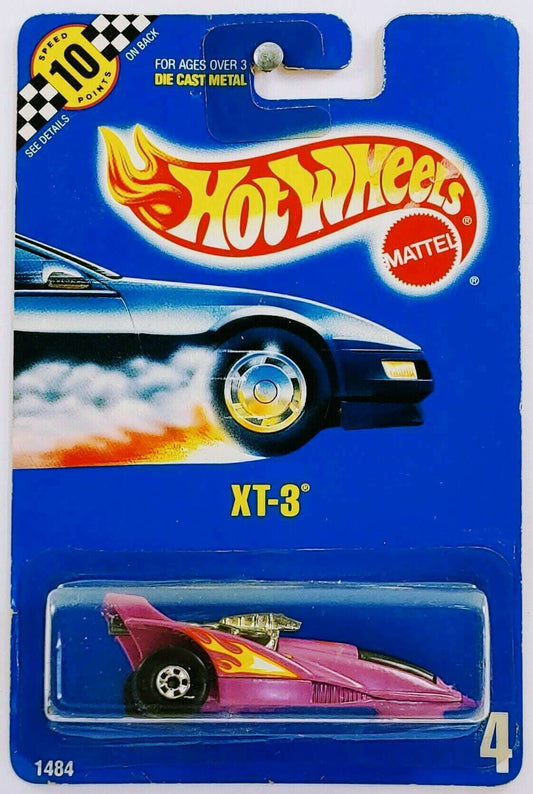 Hot Wheels 1990 - Collector # 4 - XT-3 - Purple - BW Wheels - USA Blue Card with Speed Points