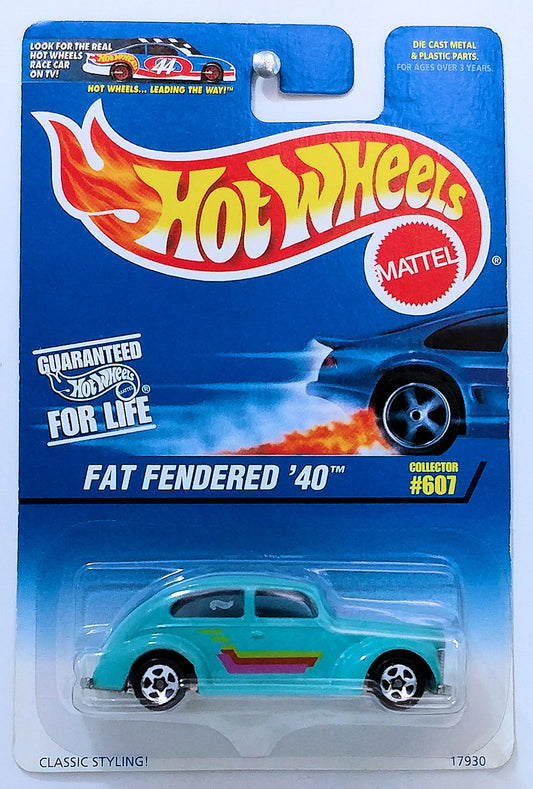 Hot Wheels 1997 - Collector # 607 - Fat Fendered '40 - Aqua - 5 Spokes - USA Blue & White Card - MPN # 17930