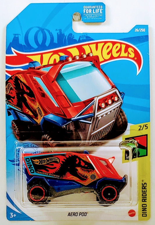 Hot Wheels 2021 - Collector # 026/250 - Dino Riders 2/5 - Aero Pod - Red / Dino T-Rex - USA Card