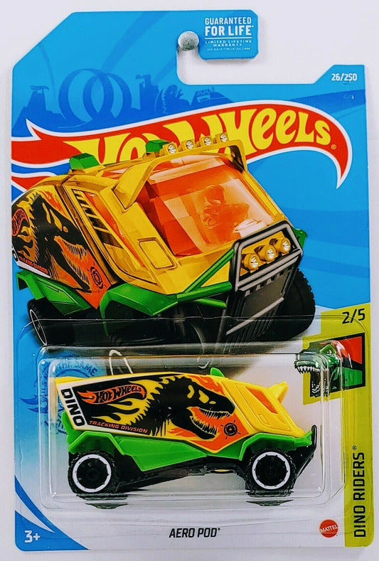 Hot Wheels 2021 - Collector # 026/250 - Dino Riders 2/5 - Aero Pod - Yellow / Dinosaur T-Rex - USA Card