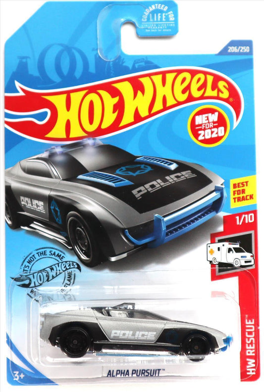 Hot Wheels 2020 - Collector # 206/250 - HW Rescue 1/10 - New Models - Alpha Pursuit - Satin Gray / Police - USA Card