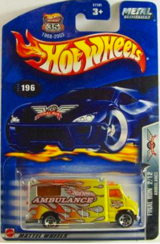 Hot Wheels 2003 - Collector # 196/220 - Final Run 2/12 - Ambulance - Yellow & Silver / Flames - USA '1968-2003 Anniversary' Card