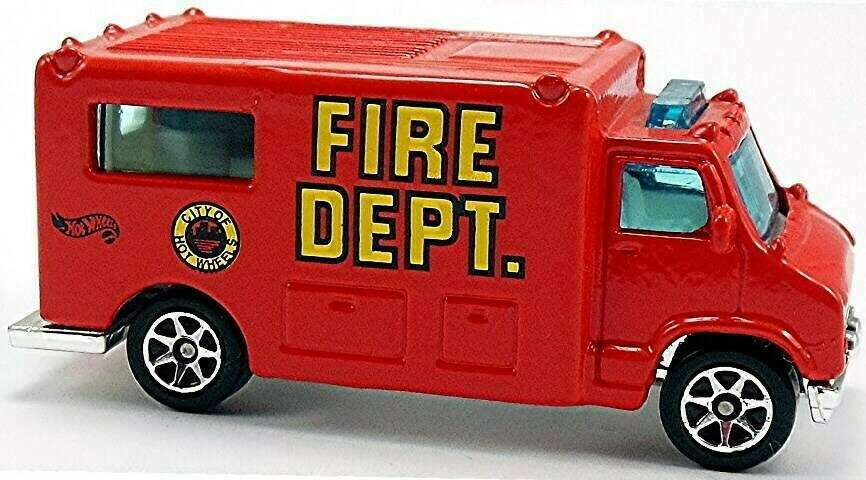Hot Wheels 1996 - Collector # 424 - Fire Squad Series 1/4 - Ambulance - Red / Fire Dept. - 7 Spokes - USA