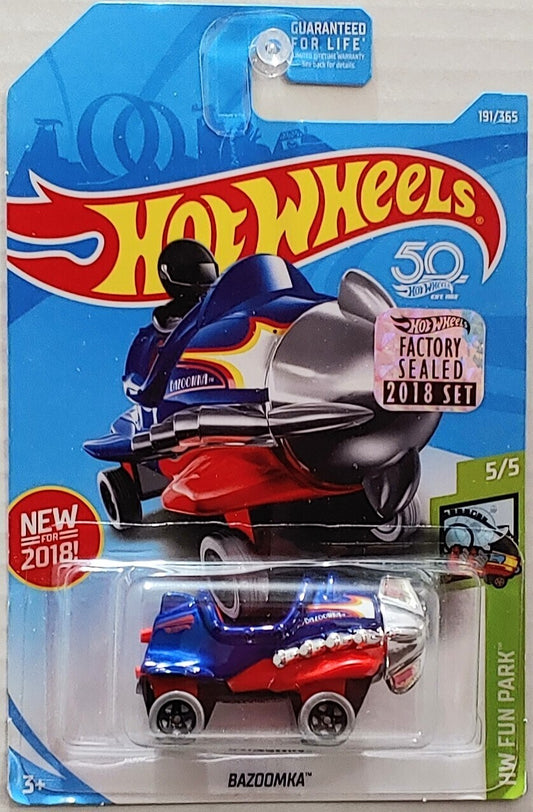 Hot Wheels 2018 - Collector # 191/365 - HW Fun Park 5/5 - New Models - Bazoomka - Metallic Blue - USA 50th Card with Factory Set Sticker