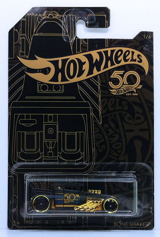Hot Wheels 2018 - 50th Anniversary / Black & Gold Collection 1/6 - Bone Shaker - Matte Black - Gold & Black Steelies