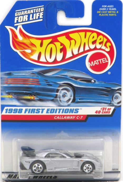 Hot Wheels 1998 - Collector # 677 - First Editions 31/40 - Callaway C-7 - Silver - Black HW Logo on Rear Fender Side & Black Plastic Headlights