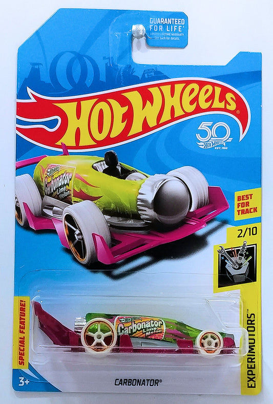 Hot Wheels 2018 - Collector # ---/365 - Experimotors 2/10 - Carbonator - Transparent Green Bottle / Purple Base - KMart Exclusive - USA 50th Card