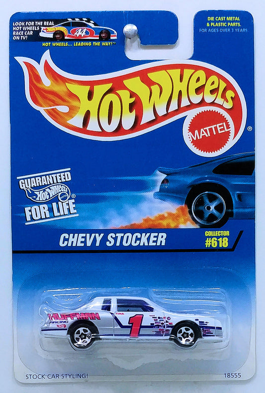 Hot Wheels 1997 - Collector # 618 - Chevy Stocker - White / #1 / Huffman Racing - 5 Spoke Wheels - Metal/Metal - USA Blue & White Card