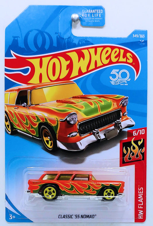Hot Wheels 2018 - Collector # 349/365 - HW Flames 6/10 - Classic '55 Nomad - Orange - USA 50th Card
