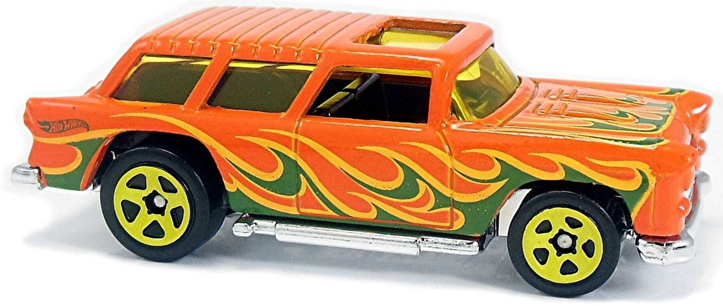Hot Wheels 2018 - Collector # 349/365 - HW Flames 6/10 - Classic '55 Nomad - Orange - USA 50th Card with Factory Set Sticker