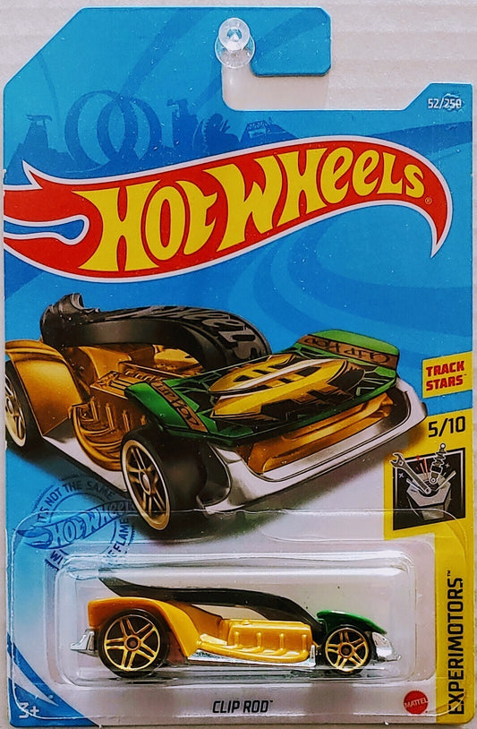 Hot Wheels 2021 - Collector # 052/250 - Experimotors 5/10 - Clip Rod - Black, Green & Gold - PR5 Wheels - International Long Card