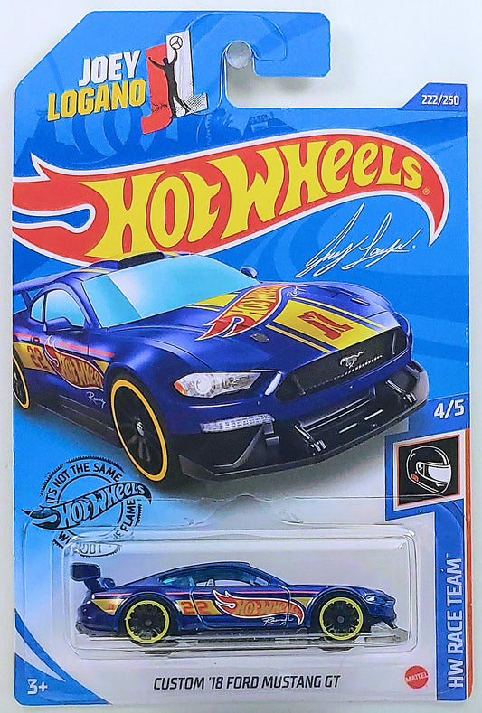 Hot Wheels 2020 - Collector # 222/250 - HW Race Team 4/5 - Custom '18 Ford Mustang GT - Blue / #22 'Joey Logano' - International 'Joey Logano' Card