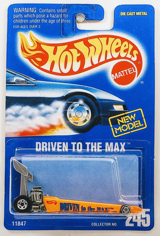 Hot Wheels 1994 - Collector # 245 - Driven To The Max (Dragster) - Neon Orange - USA Blue Card with "New Model"