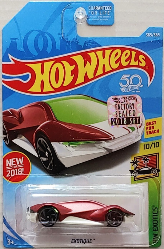 Hot Wheels 2018 - Collector # 365/365 - HW Exotics 10/10 - New Models - Exotique - Satin Red - USA 50th Card with Factory Set Sticker