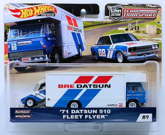 Hot Wheels 2019 - Premium / Car Culture / Mix 1 / Team Transport # 9 - '71 Datsun 510 - Fleet Flyer - Blue & White / BRE Racing - Metal/Metal & Real Riders - Large Blister Card