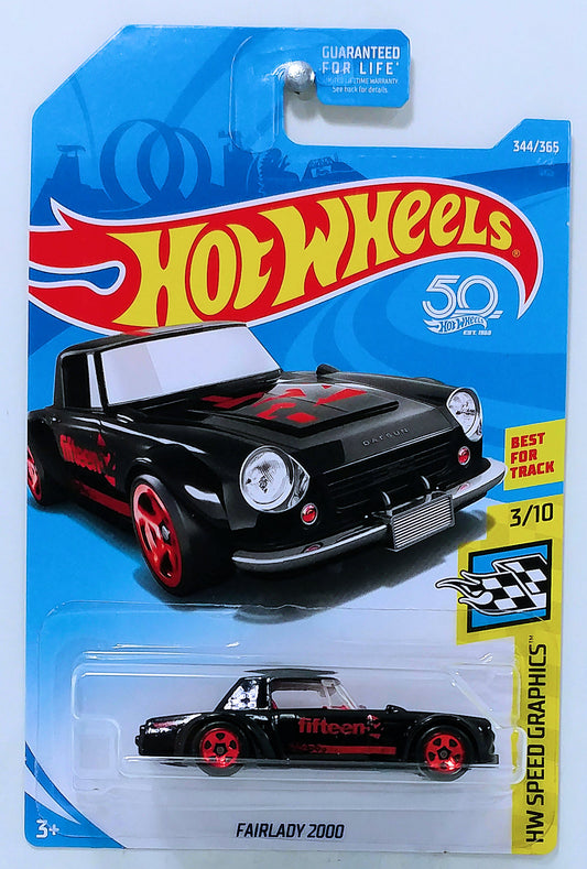 Hot Wheels 2018 - Collector # 344/365 - HW Speed Graphics 3/10 - Fairlady 2000 - Black / fifteen 52 - Red Chrome 5 Spokes - USA 50th Card