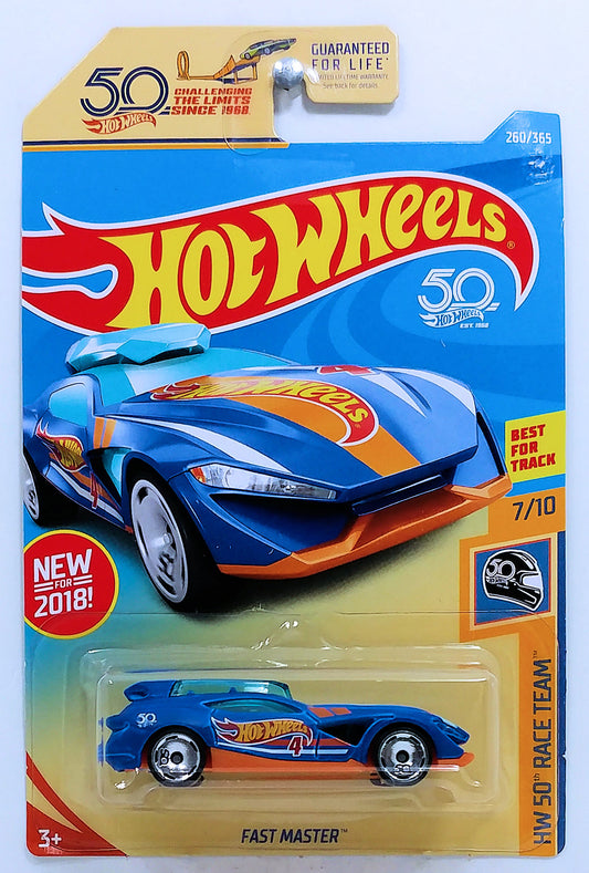 Hot Wheels 2018 - Collectors # 260/365 - HW 50th Race Team 7/10 - New Models - Fast Master - Matte Blue - USA 50th Card