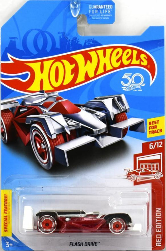 Hot Wheels 2018 - Collector # NONE - Red Edition 6/12 - Flash Drive - Chrome & Red Body / White Base - 5 Spokes - USA 50th Card - Target Exclusive