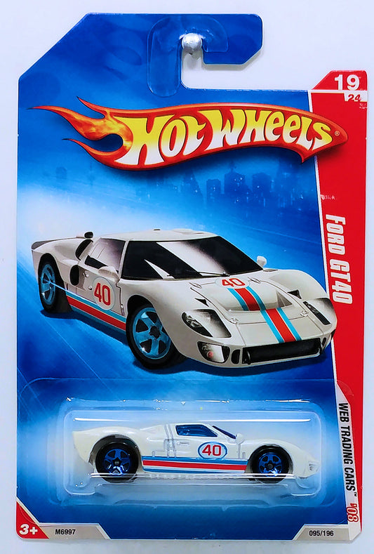 Hot Wheels 2008 - Collector # 095/196 - Web Trading Cars 019/024 - Ford GT40 - Pearl White - Blue / White / Red Stripes on Hood "40" - USA