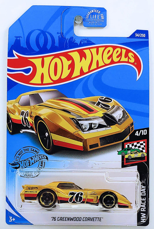 Hot Wheels 2020 - Collector # 034/250 - HW Race Day # 4/10 - '76 Greenwood Corvette - Gold / #76 - USA Card