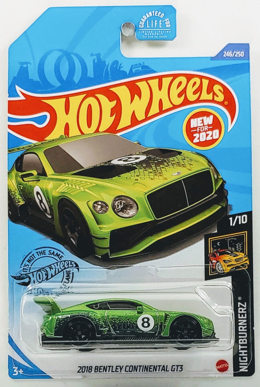 Hot Wheels 2020 - Collector # 246/250 - Nightburnerz 1/10 - New Models - 2018 Bentley Continental GT3 - Green Metalflake / #8 - USA Card