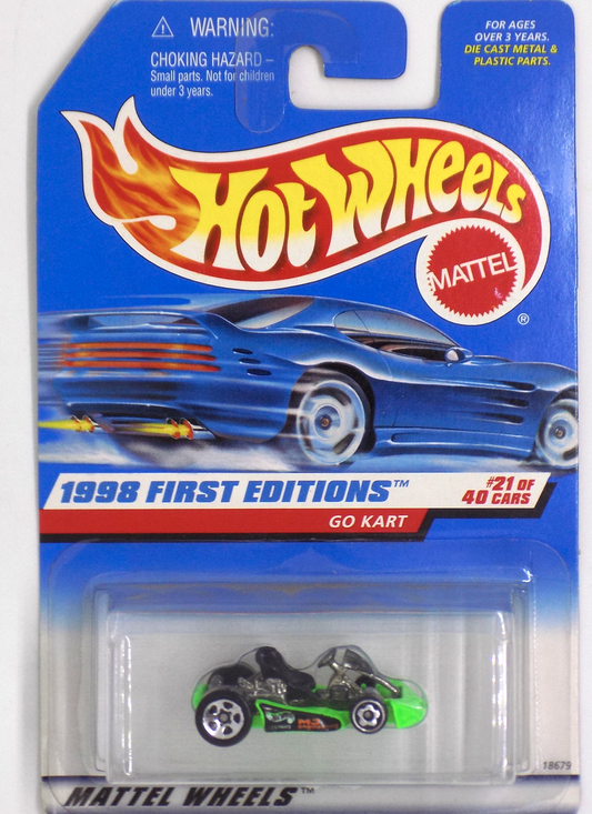Hot Wheels 1998 - Collector # 651 - First Editions 21/40 - Go Kart - Bright Green - USA Blue Car Card - MPN 18679