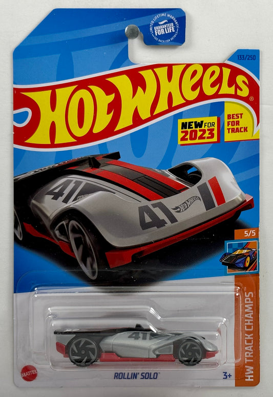 Hot Wheels 2023 - Collector # 133/250 - HW Track Champs 5/5 - New Models - Rollin' Solo' - Grey - Hot Wheels 41 Graphics - Best for Track - USA