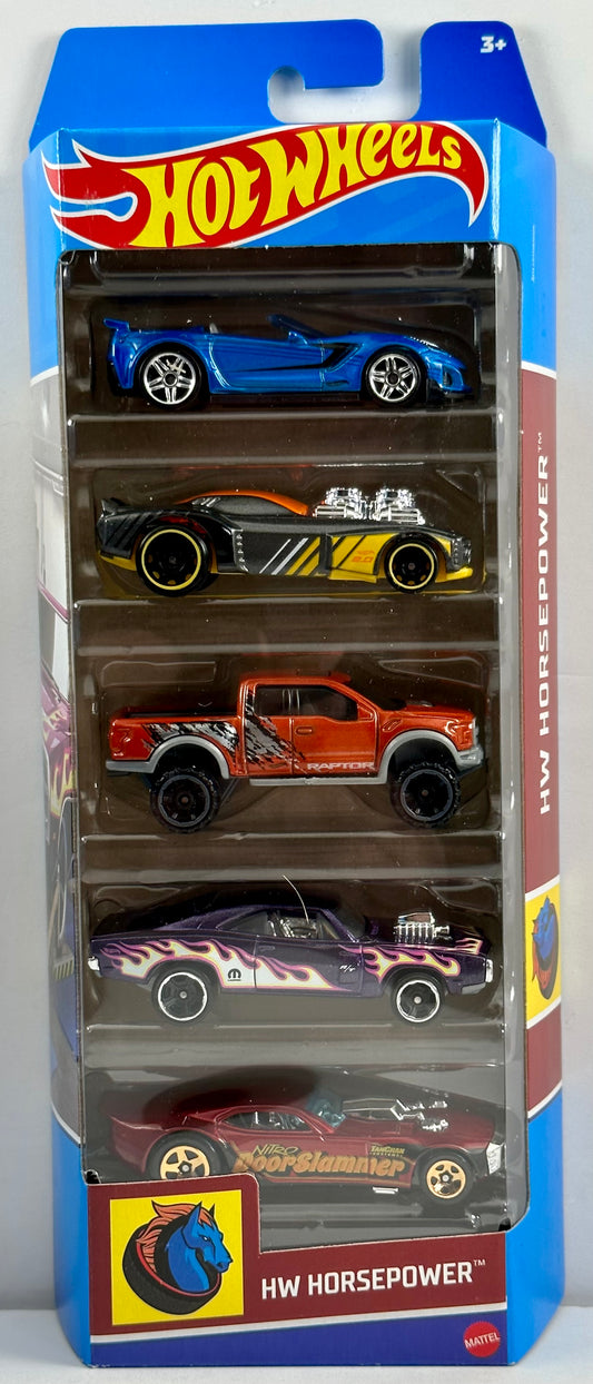 Hot Wheels 2023 - Gift Pack / 5 Pack - HW Horsepower - '19 Corvette ZR1 Convertible, Rodger Dodger 2.0, '17 Ford F-150 Raptor, '70 Dodge Charger R/T & Nitro Doorslammer