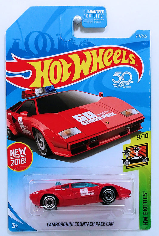 Hot Wheels 2018 - Collector # 217/365 - HW Exotics 9/10 - New Models - Lamborghini Countach Pace Car - Red / 50th Grand Prix - USA 50th Card