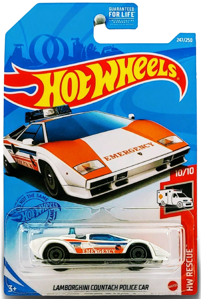 Hot Wheels 2021 - Collector # 247/250 - HW Rescue 10/10 - Treasure Hunts - Lamborghini Countach Police Car - White / 'Emergency'/ Circle Flame Logo on Doors - USA Card