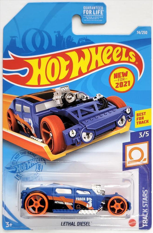 Hot Wheels 2021 - Collector # 074/250 - Track Stars 3/5 - Lethal Diesel - Flat Blue - Orange Tire / Black Lip OH5SP Wheels - Chrome Windows - Black Plastic Base - USA Card