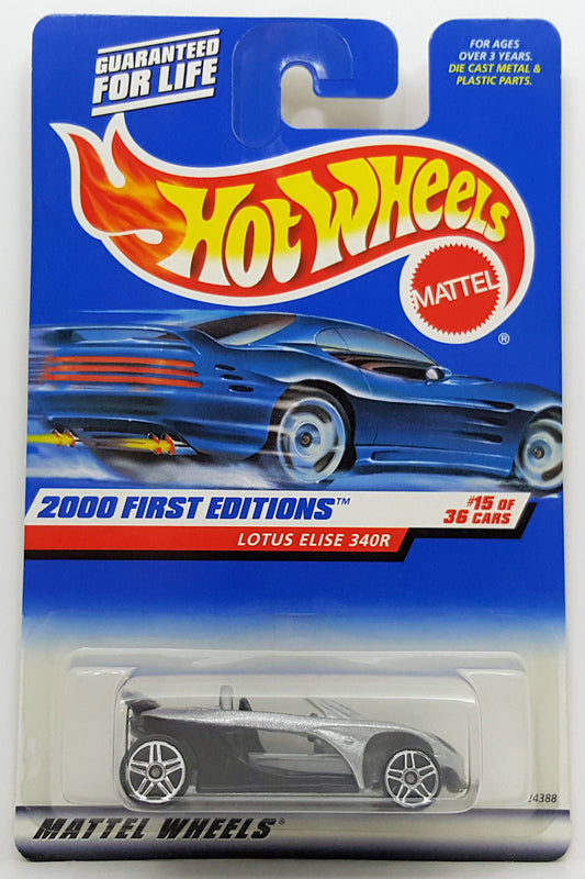 Hot Wheels 2000 - Collector # 075/250 - First Editions 15/36 - Lotus Elise 340R - Silver - PR5 - Painted Base - USA 'Square' Card
