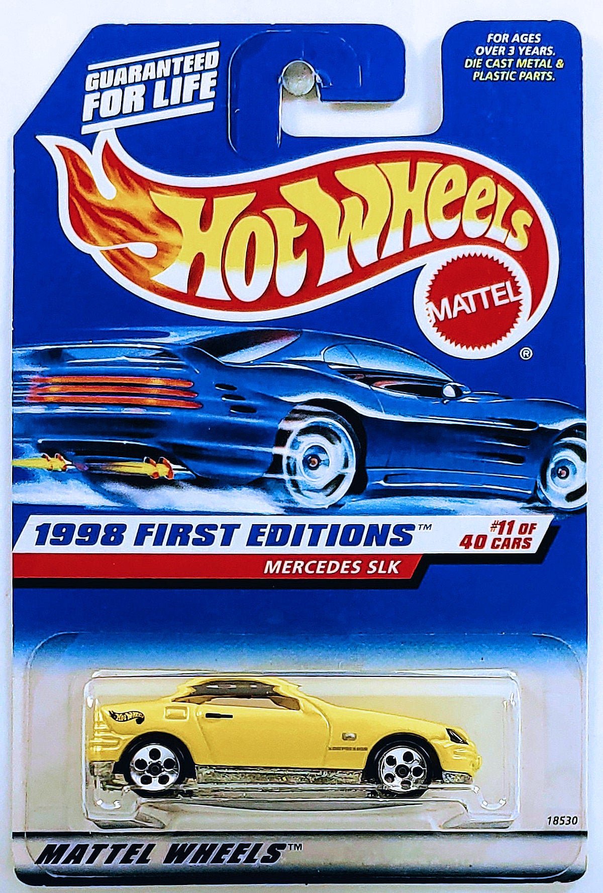 Hot Wheels 1998 - Collector # 646 - First Editions 11/40 - Mercedes SLK - Yellow - 5 Dots - Tan Interior