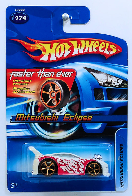 Hot Wheels 2005 - Collector # 174/183 - Mitsubishi Eclipse (Tooned) - White / Flames - FTE Wheels - USA FTE '06 Card