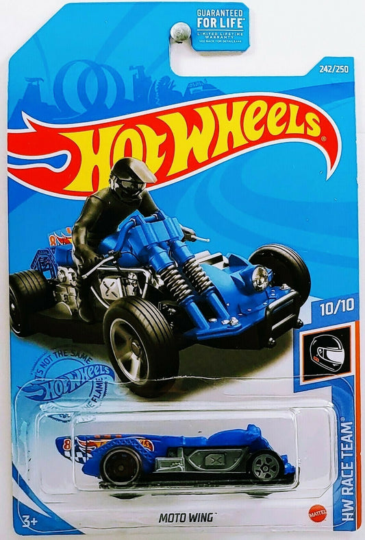 Hot Wheels 2021 - Collector # 242/250 - HW Race Team 10/10 - Moto Wing - Matte Blue - Gray DD8 Rear Wheels & Gray 5SP Front Wheels - Gray Interior - Black Plastic Base - USA Card