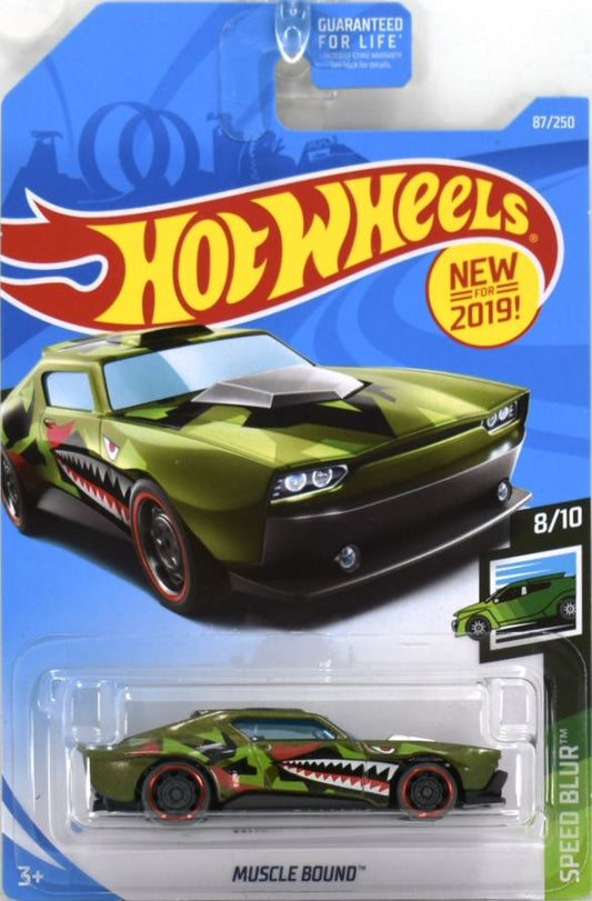 Hot Wheels 2019 - Collector # 087/250 - Speed Blur 8/10 - New Models - Muscle Bound - Green Metalflake / Shark Teeth - USA Card