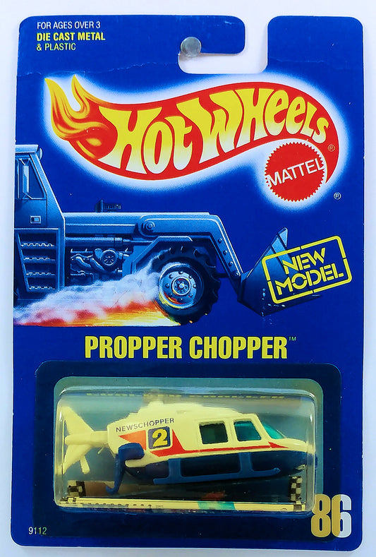 Hot Wheels 1990 - Collector # 086 - New Model - Propper Chopper (Helicopter) - White - USA Blue Car Card with Speed Points inside Blister