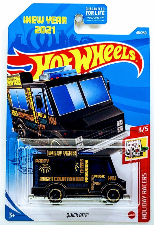 Hot Wheels 2021 - Collector # 048/250 - Holiday Racers 3/5 - Quick Bite - Black / Happy New Year - USA Card
