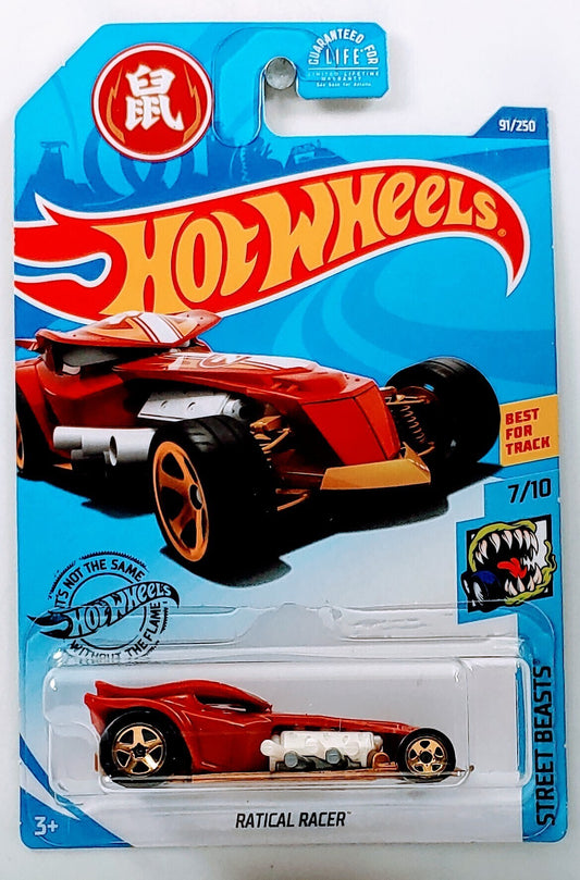 Hot Wheels 2020 - Collector # 091/250 - Street Beasts 7/10 - Ratical Racer - Red - USA 'Year of the Rat' Card