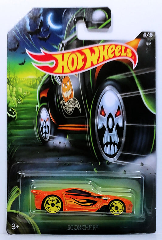 Hot Wheels 2017 - Happy Halloween 5/8 - Scorcher - Orange - Skull Wheels - Grocery Stores