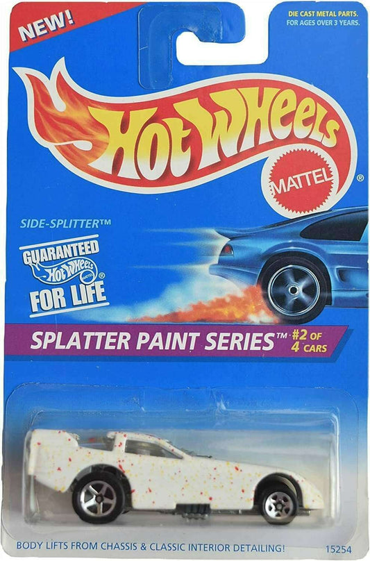 Hot Wheels 1996 - Collector # 409 - Splatter Paint Series 2/4 - Side-Splitter (Funny Car) - White - USA Blue & White Card