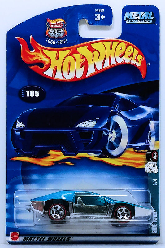 Hot Wheels 2002 - Collector # 105/240 - Red Lines Series 3/4 - Side Kick - Metalflake Blue - Chrome Plastic Base 5 Spokes with Redlines - USA '1968-2003 Anniversary' Card
