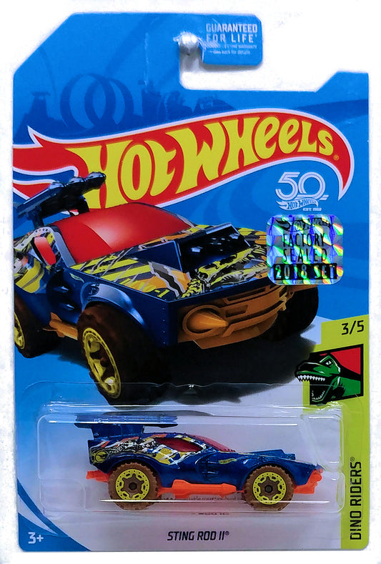 Hot Wheels 2018 - Collector # XXX/365 - Dino Riders 3/5 - Treasure Hunts - Sting Rod II - Blue / Circle Flame Logo on Rear Fender - USA 50th Card with Factory Set Sticker