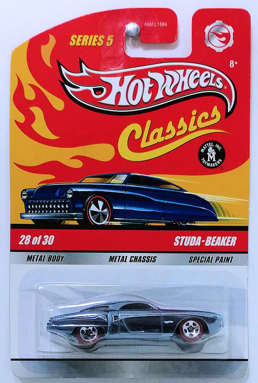 Hot Wheels 2009 - Classics Series 5 # 28/30 - Studa-Beaker - Spectraflame Steel Blue - Metal/Metal & 5 Spokes with Redlines - NEW Casting!