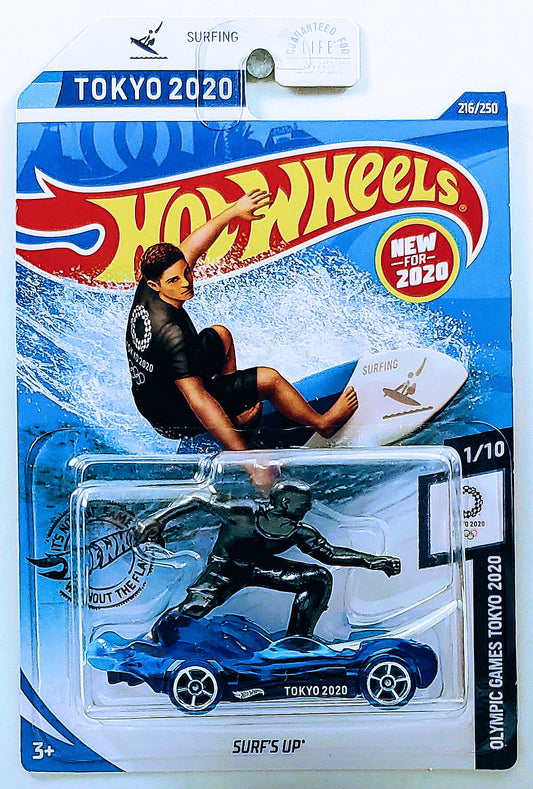 Hot Wheels 2020 - Collector # 216/250 - Olympic Games Tokyo 2020 1/10 - New Models - Surf's Up - Blue & White - USA Card