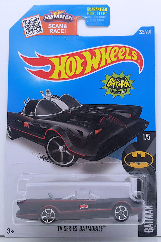 Hot Wheels 2016 - Collector # 226/250 - Batman 1/5 - TV Series Batmobile - Black - MC5 Wheels - USA 'Showdown - Batman' Card
