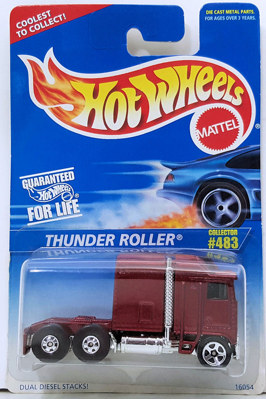 Hot Wheels 1996 - Collector # 483 - Thunder Roller (Semi Tractor) - Metalflake Maroon - BWs Rear & 5 Spokes Front - China - USA Blue & White Card
